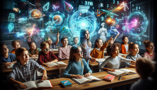 The image shows a classroom full of students learning with books and  augmented reality visuals 