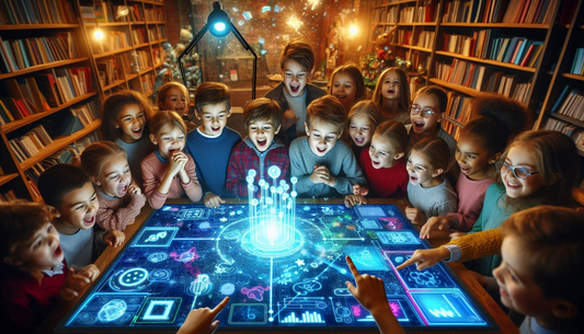 The image a group of kids in a library surrounding a Augmented reality system which shows different visuals attracting the kids.