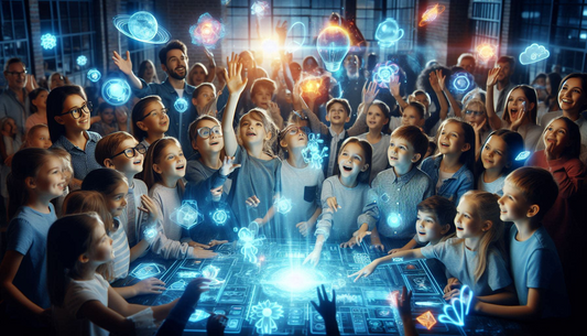 The image shows how a group kids surrounding the augmented reality technology teaching them with visuals making them excited to learn.