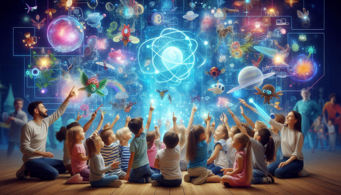 The image shows a group of kids showing hands at augmented reality visuals which shows various planets at the centre with excited face and learning