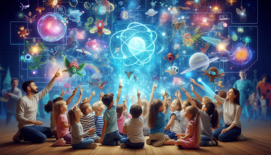 The image shows a group of kids showing hands at augmented reality visuals which shows various planets at the centre with excited face and learning