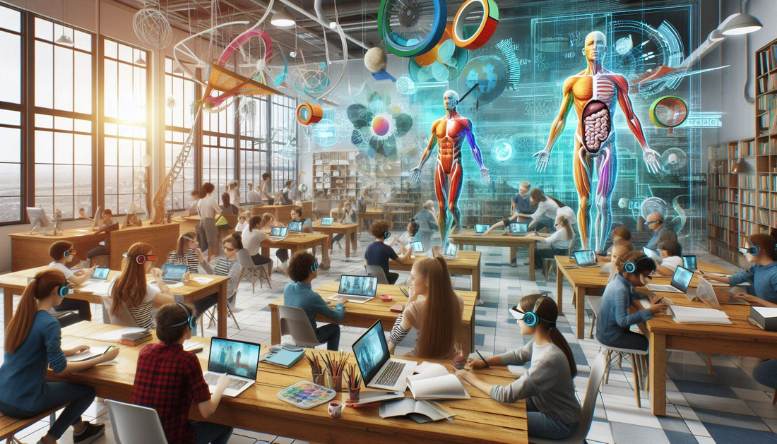 The image shows augmented reality visuals to the students sitting in a classroom, it shows enhanced version of human muscle and inner organs and students are learning with this.