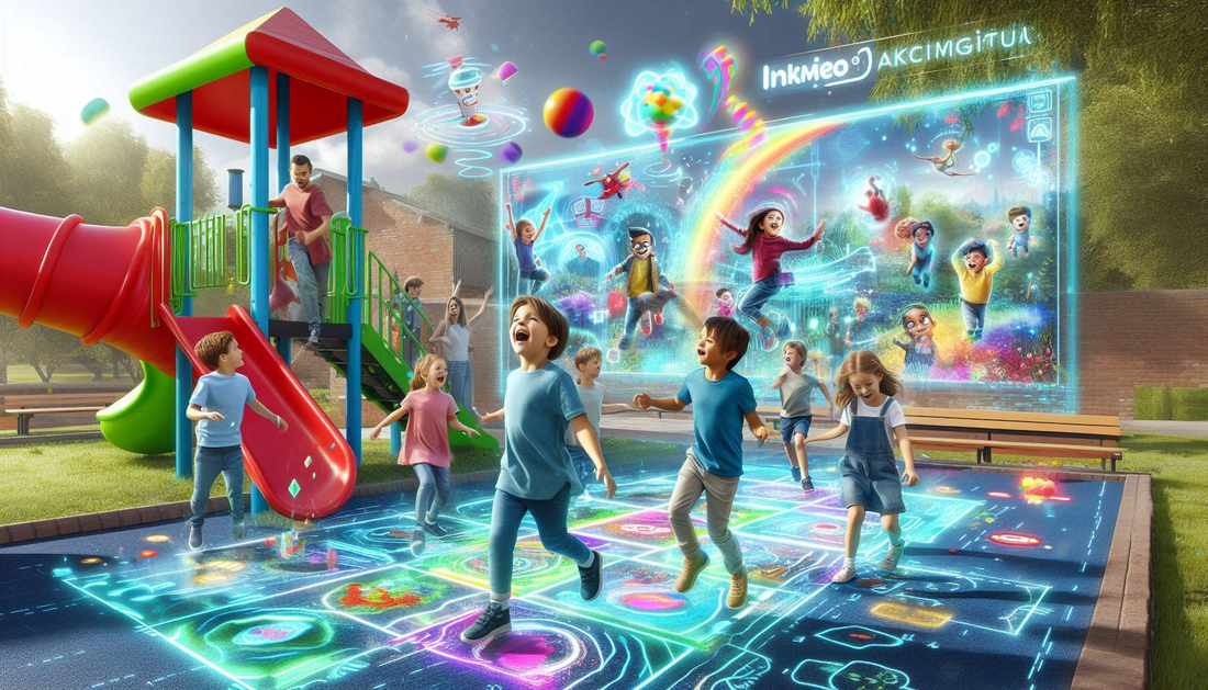 The image shows kids playing in augmented reality technology