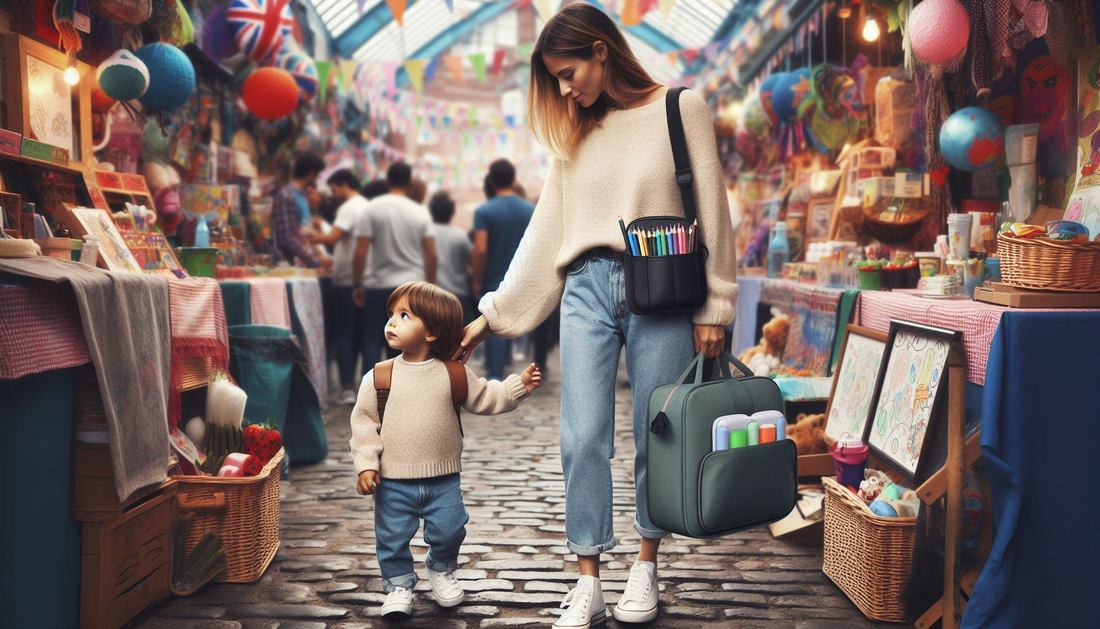 The image shows a son holding his mother's hand and having fun. the mother is also carrying bags filled with colouring materials.