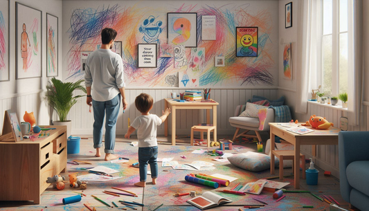 The image shows parent standing next to a small boy and watching the room full of coloured walls, paper laying in ground and colourful scribbles done by his kid