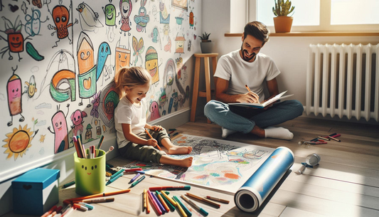 The image shows a father and daughter sitting in room laughing and colouring with beautiful coloured doddles on the wall and colouring materials laying on the floor