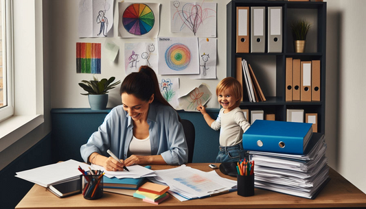The images shows a mother working diligently in her office files and a child sneaking behind with her files.