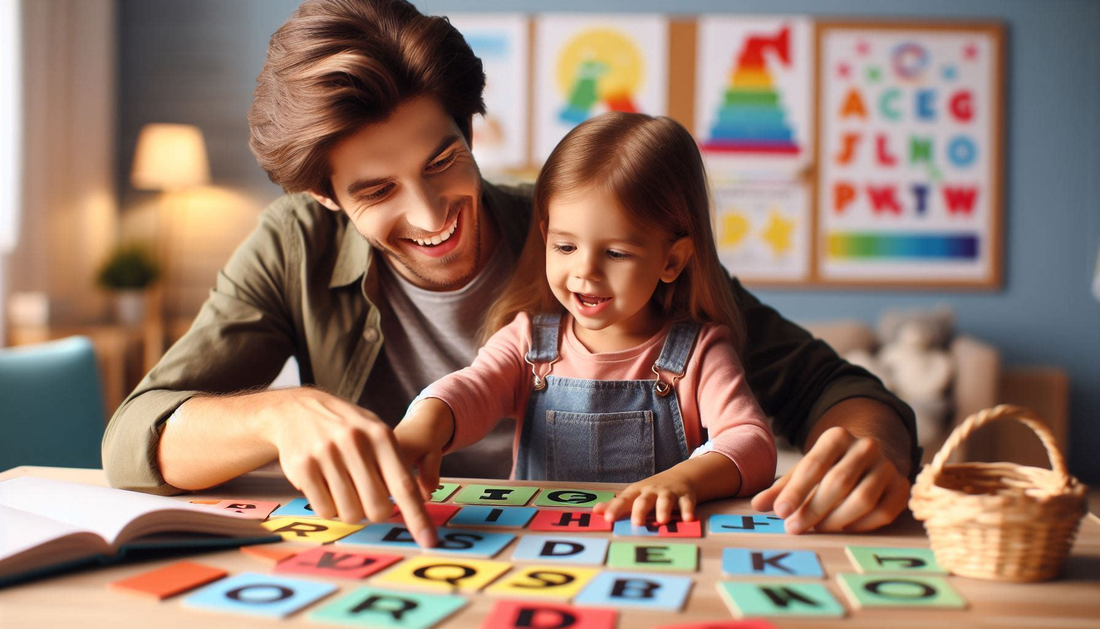 The image shows a father sitting with his daughter and teaching alphabet array
