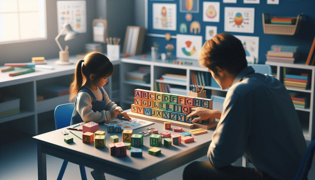 The image shows a home study room background with a child learning alphabetical order with her father teaching and playing with her on table.