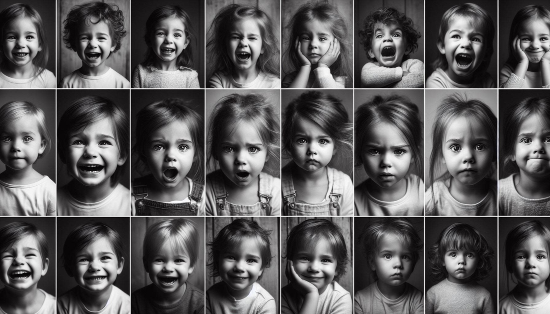 The image shows a 27 types of different emotions of each child in three rows.