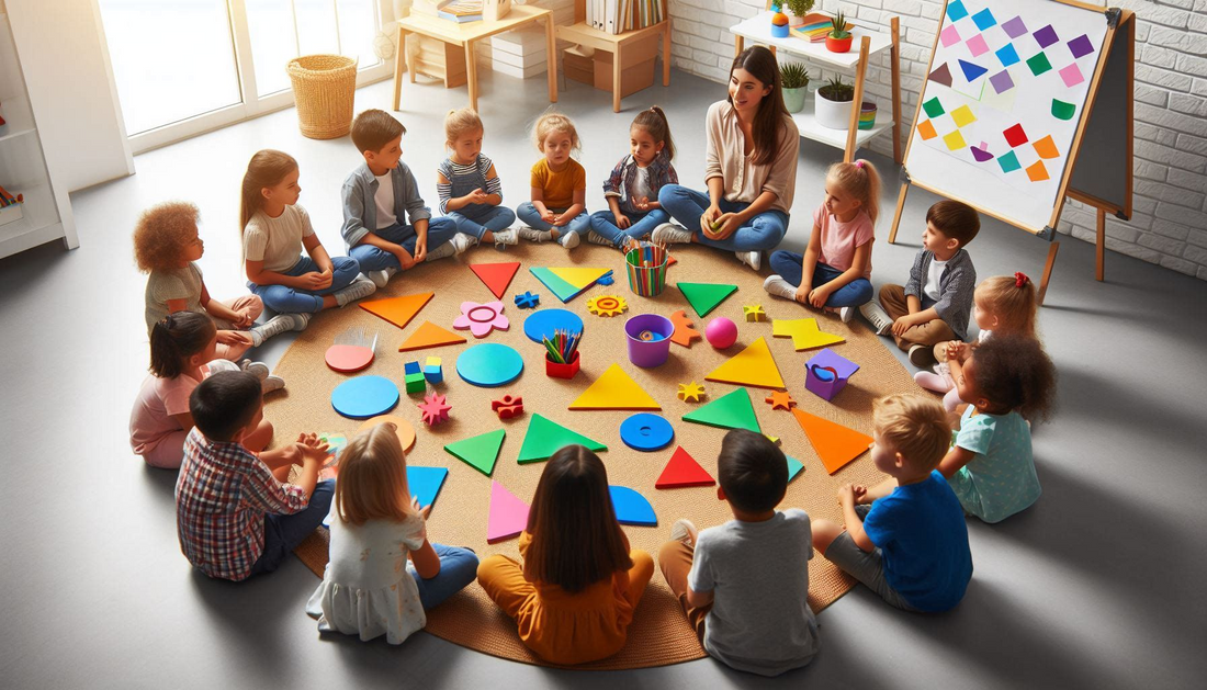 The image shows a group of kids sitting in circle with a adult and learning to identify and count shapes.