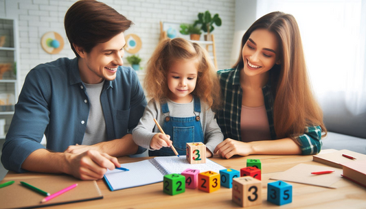 The image shows a family of three father, mother and small girl learning subtraction using number blocks