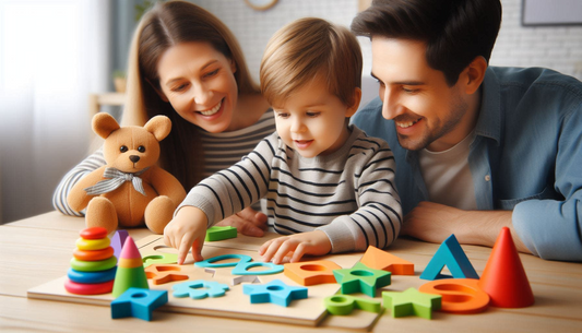 The image shows a happy family of three father, mother and child learning to sort shapes.