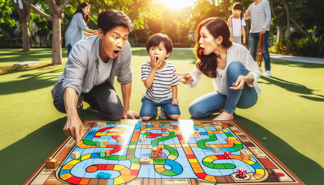 The image shows a family of three in a park with a find the path activity sheet rolled out and playing in it.